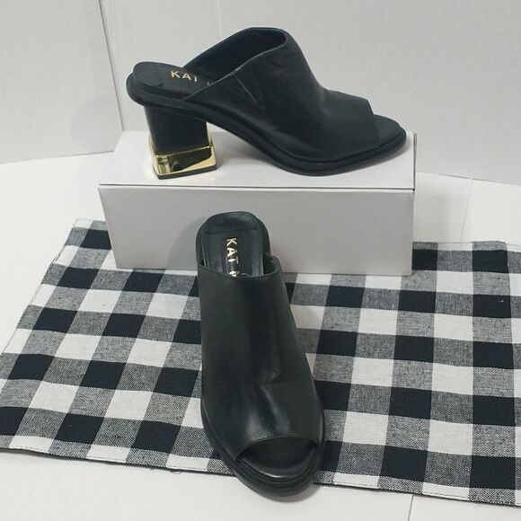 Kat Maconie Womens Sandal Block Heels Shoes Black Leather Slip On Peep Toe 8 - Picture 1 of 10